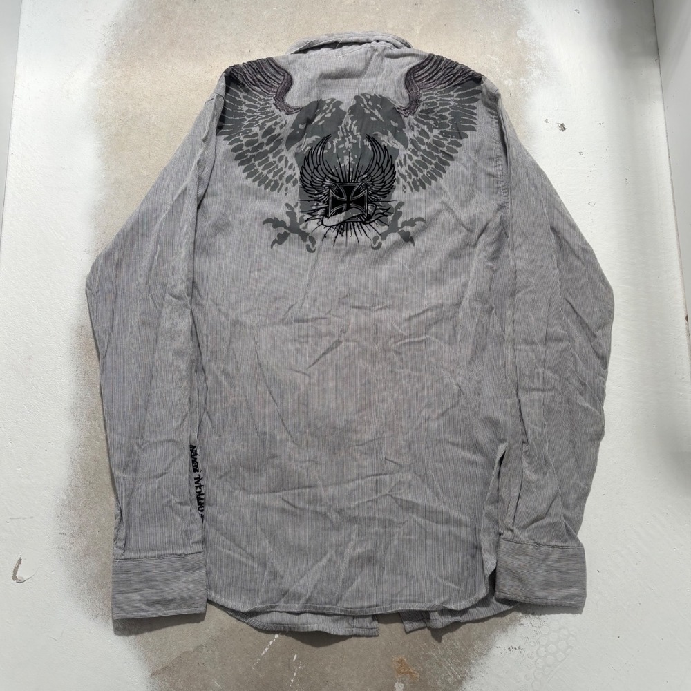Most Official Seven Mens Large Grey Striped Graphic Eagle Wing Button Down Shirt